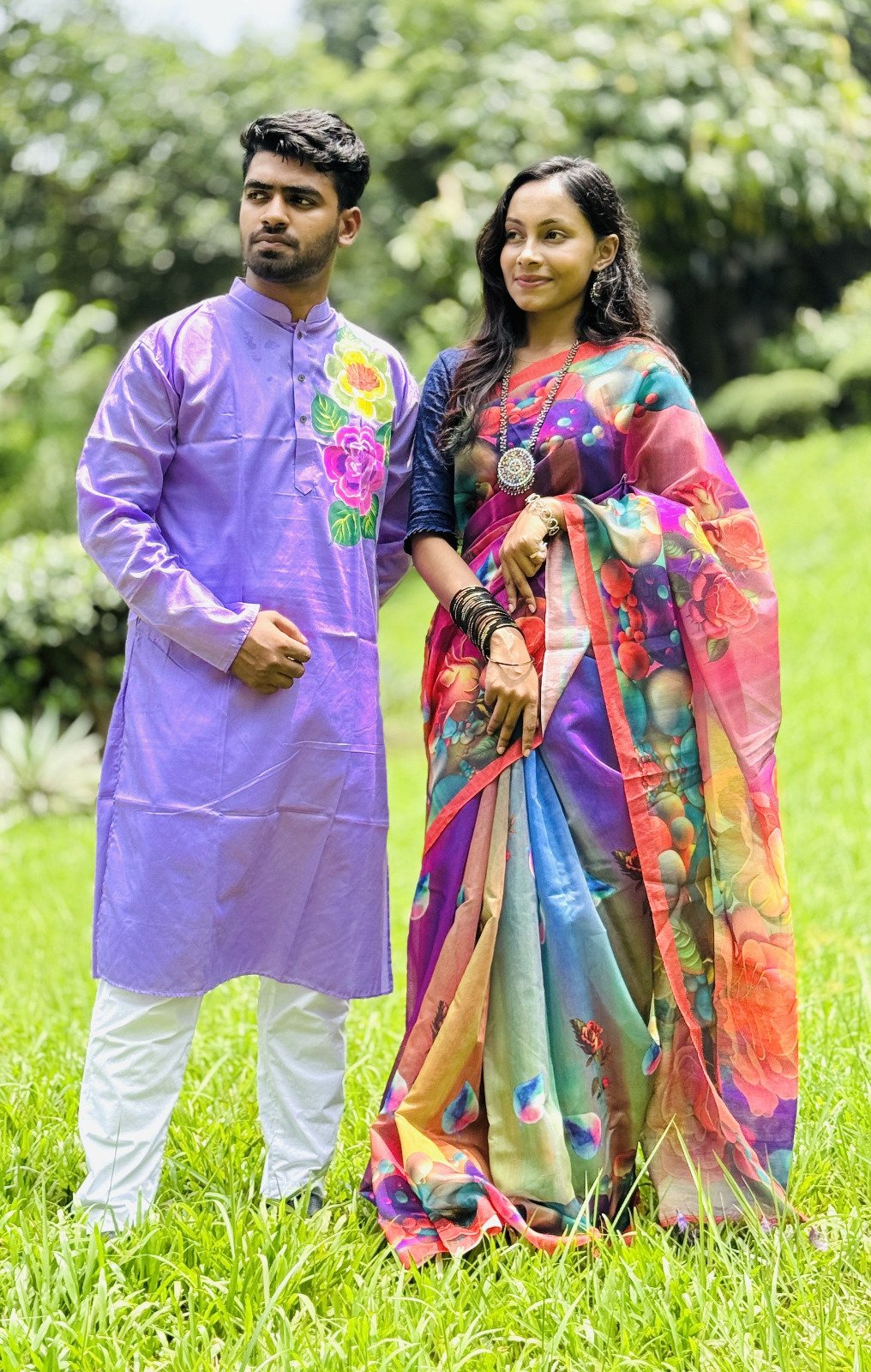 কাপল ড্রেস কালেকশন চান্দুরি সিল্ক শাড়ি ও ধুপিয়ান পাঞ্জাবি